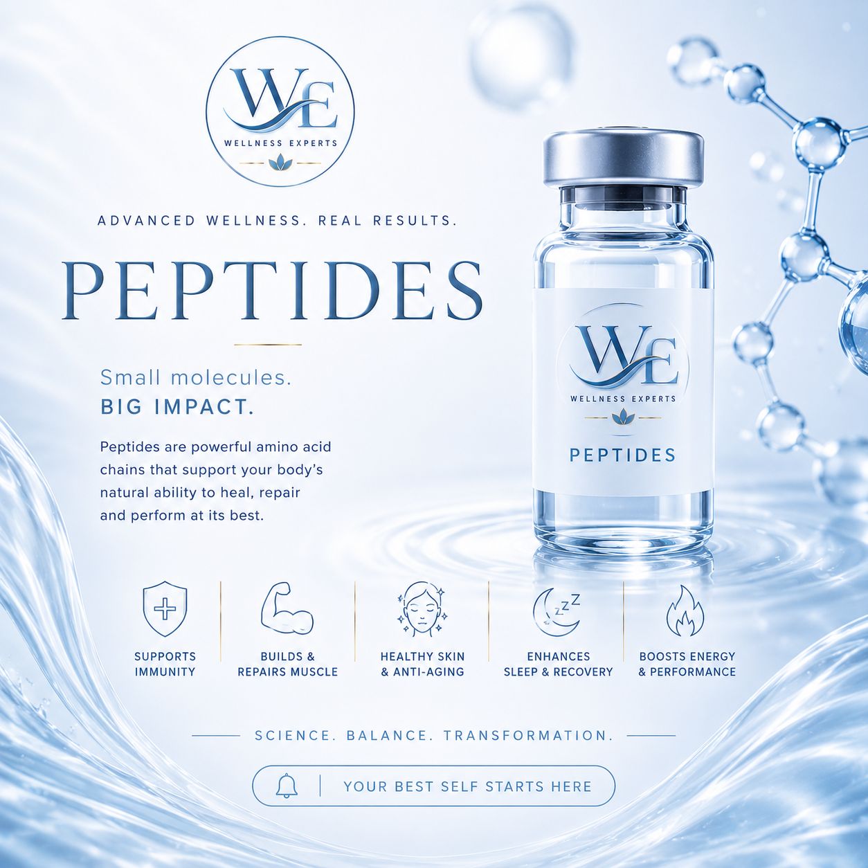 Peptides — small molecules, big impact. Supports immunity, builds and repairs muscle, healthy skin and anti-aging, enhances sleep and recovery, boosts energy and performance.